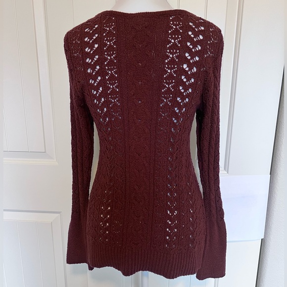 Free People open knit burgundy sweater Bonnie Vampire Diaries wore this style - Picture 5 of 12